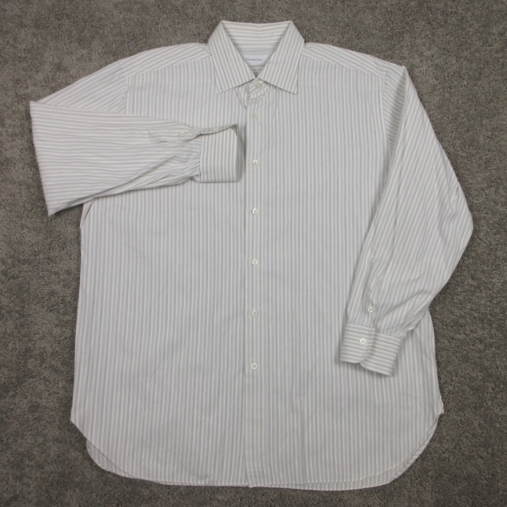 Ermenegildo Zegna Shirt Mens 2XL 18 46 Beige Striped Cotton Dress Button Up